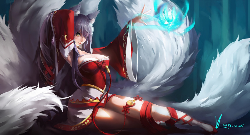 1girl, ahri, animal_ears, arm_behind_head, blue_hair, breasts, detached_sleeves, dress