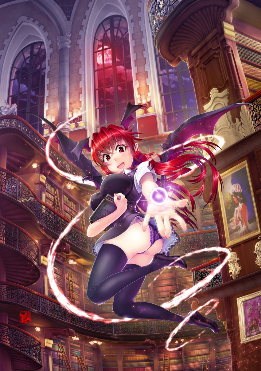 1girl, ass, bat_wings, black_legwear, black_panties, black_skirt, book, bookshelf