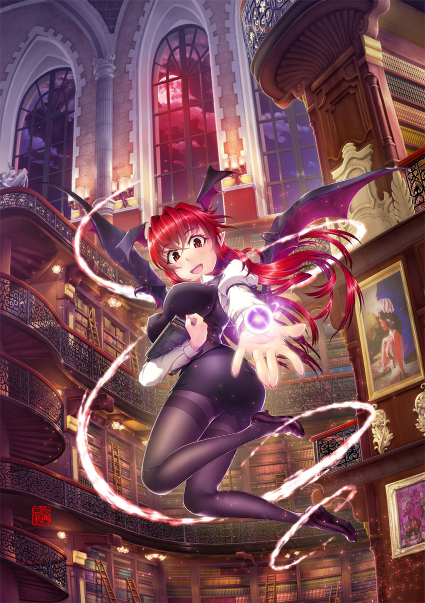 1girl, bat_wings, black_legwear, black_skirt, book, bookshelf, breasts, clouds