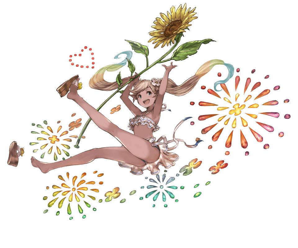 1girl, :d, ass, bikini, blonde_hair, blue_eyes, flower, frills, granblue_fantasy, hair_flower, hair_ornament, io_euclase, jumping, minaba_hideo, multicolored_hair, official_art, open_mouth, smile, solo, sunflower, swimsuit, tan, twintails