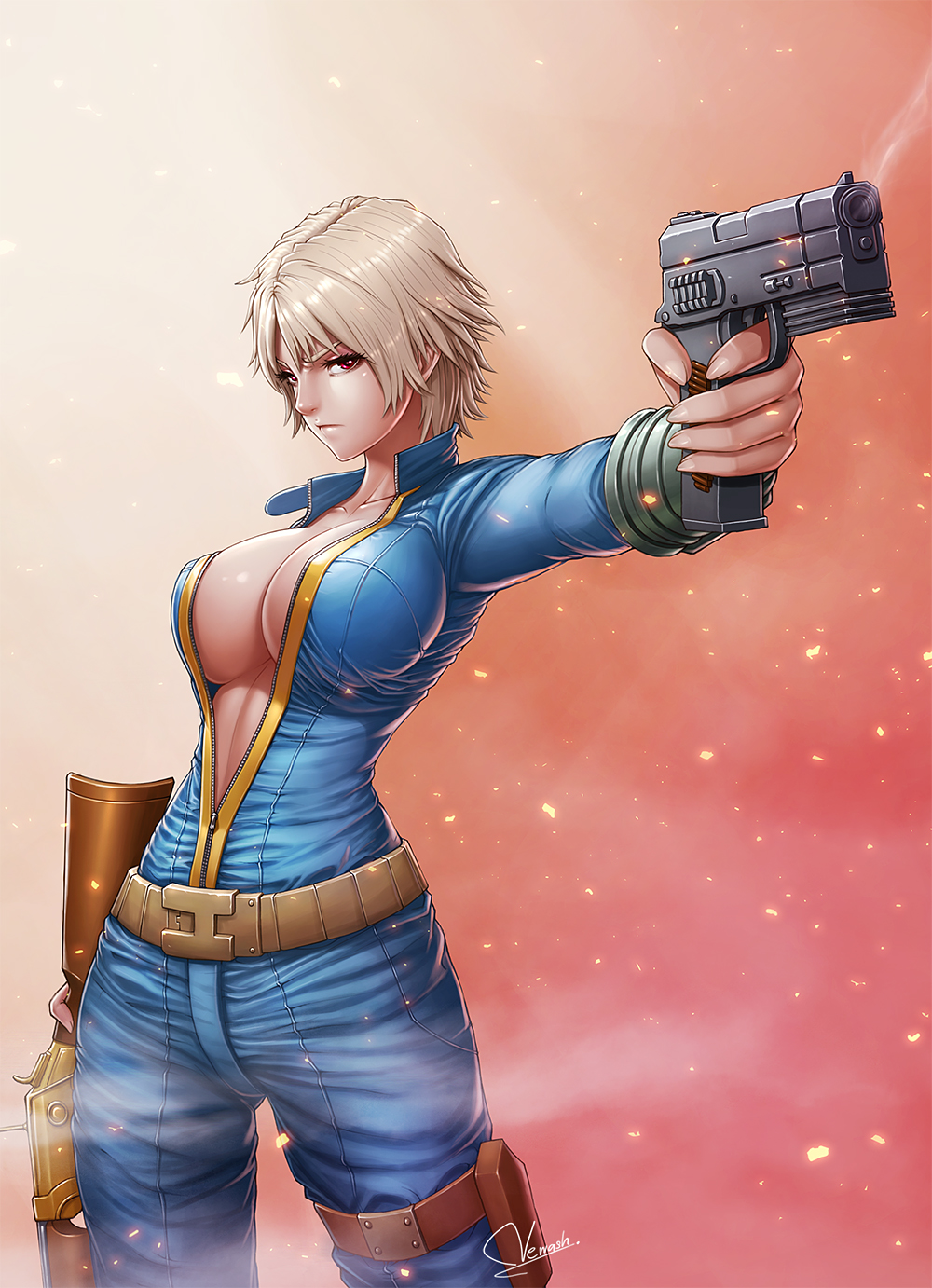 1girl, artist_name, breasts, collarbone, fallout, gun, handgun, highres