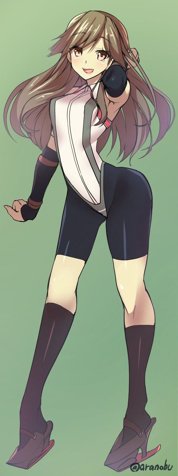 1girl, adapted_costume, arashio_(kantai_collection), arm_up, arm_warmers, black_legwear, breasts, brown_eyes, brown_hair, clenched_hand, green_background, hand_behind_head, highres, kantai_collection, kneehighs, long_hair, looking_at_viewer, open_mouth, shorts, simple_background, solo, takeda_aranobu, twitter_username