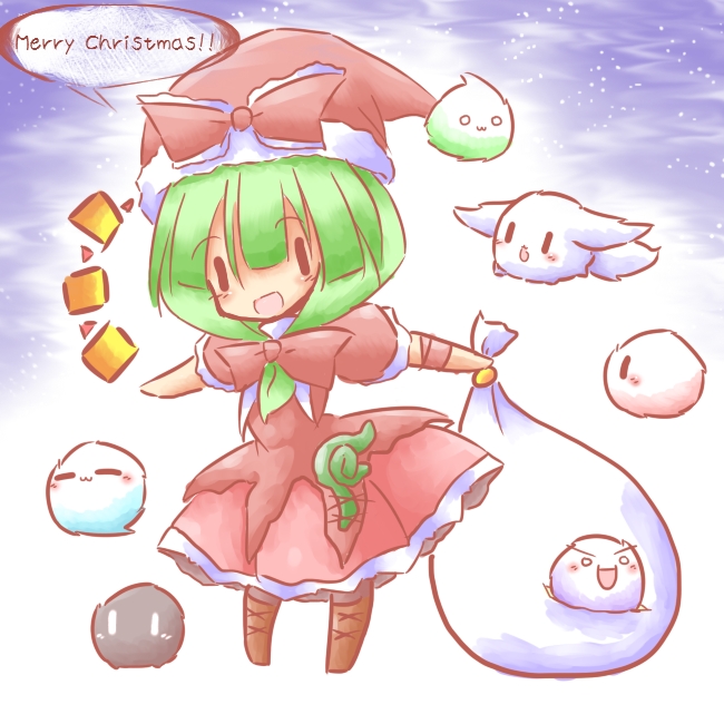 1girl, boots, green_hair, hat, kagiyama_hina, kedama, sack, santa_costume