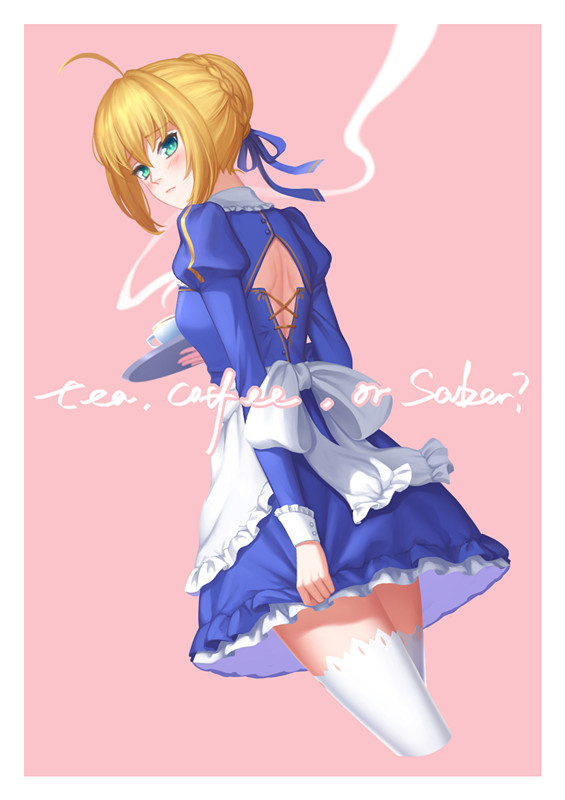 1girl, ahoge, blonde_hair, blue_dress, blue_ribbon, dine&amp;rita, dress, fate/stay_night
