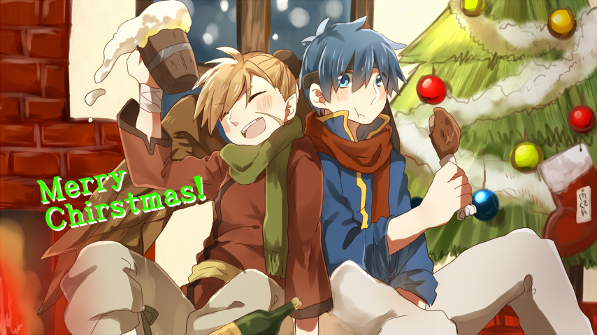 2boys, :d, alcohol, artist_request, beer, bird_wings, blue_eyes, blue_hair
