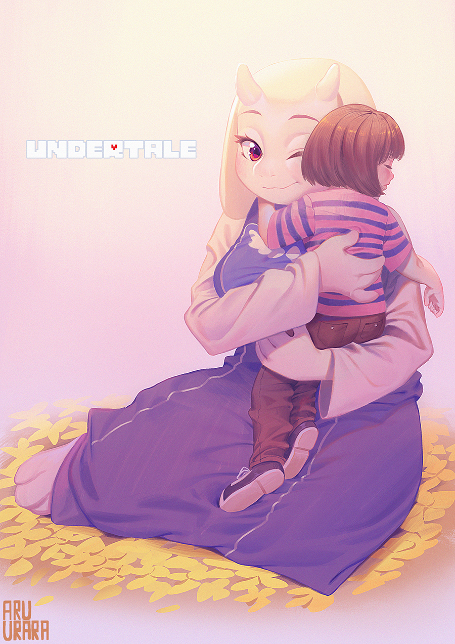 1girl, androgynous, artist_name, blush, brown_hair, closed_eyes, copyright_name, frisk_(undertale), full_body, gradient, gradient_background, highres, horns, hug, inuki_(aruurara), long_sleeves, monster_girl, one_eye_closed, pants, petals, profile, red_eyes, shirt, short_hair, short_sleeves, sitting, smile, striped, striped_shirt, toriel, undertale