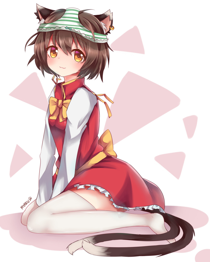 1girl, :3, absurdres, animal_ears, artist_name, between_legs, blush, bow, bowtie, brown_eyes, brown_hair, cat_ears, chen, dress, earrings, frills, full_body, green_panties, hair_between_eyes, hand_between_legs, highres, jewelry, long_sleeves, multiple_tails, nyaku, object_on_head, panties, panties_on_head, red_dress, short_hair, simple_background, sitting, smile, solo, striped, striped_panties, tail, thigh-highs, touhou, two_tails, underwear, wariza, white_background, white_legwear, yellow_bow, yellow_bowtie, zettai_ryouiki