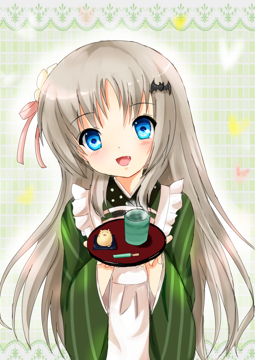 1girl, absurdres, ama_usa_an_uniform, cosplay, cup, doruji, fang, gochuumon_wa_usagi_desu_ka?