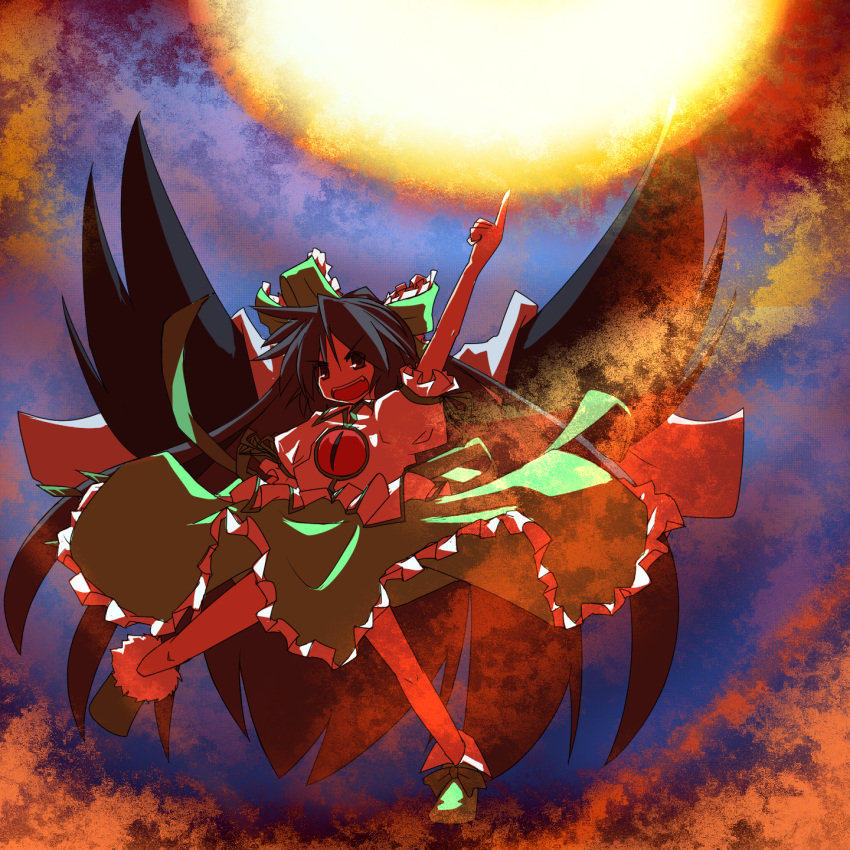 brown_hair, hair_ribbon, highres, long_hair, red_eyes, reiuji_utsuho, ribbon, taniya, taniya_raku, touhou, wings