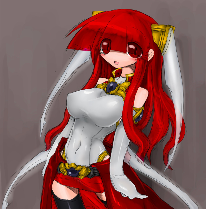 1girl, bangs, bare_shoulders, black_legwear, breasts, covered_navel, elbow_gloves, eyes_visible_through_hair