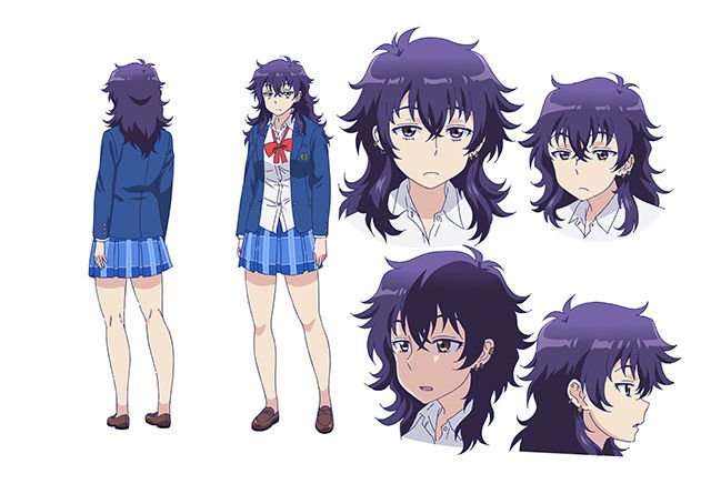 1girl, black_hair, character_request, character_sheet, ear_piercing, earrings, expressions, full_body