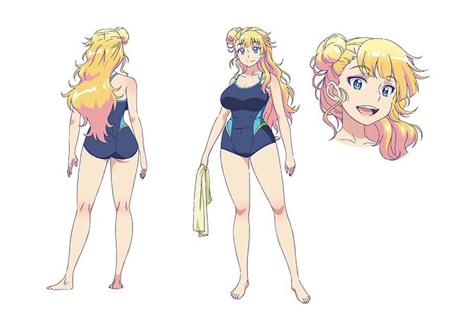 1girl, ass, asymmetrical_hair, barefoot, blonde_hair, blue_eyes, breasts, character_sheet, cleavage, competition_swimsuit, expressions, gyaru-ko, large_breasts, long_hair, messy_hair, official_art, one-piece_swimsuit, oshiete!_gyaru-ko-chan, side_bun, solo, suzuki_ken'ya, swimsuit