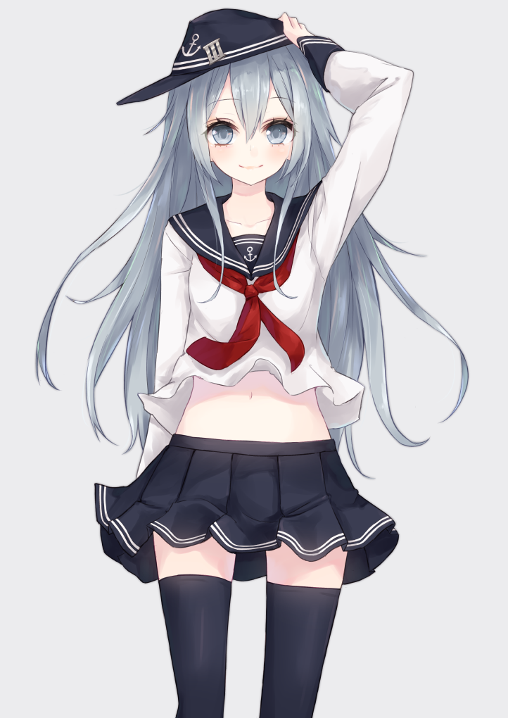 1girl, black_legwear, blue_eyes, blush, hand_on_headwear, hat, hibiki_(kantai_collection), holding