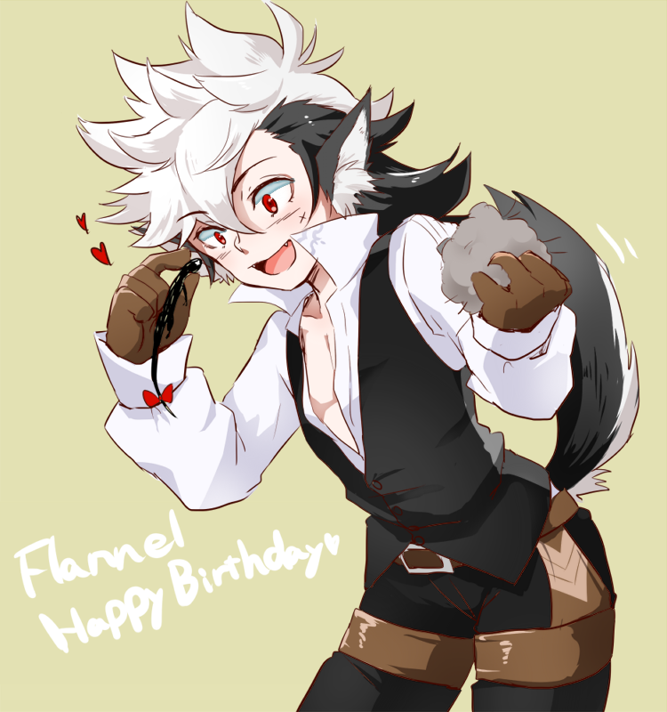 1boy, animal_ears, black_hair, blush, bow, character_name, fire_emblem, fire_emblem_if, flannel_(fire_emblem_if), gloves, happy_birthday, heart, long_hair, open_mouth, pamm, red_eyes, scar, simple_background, solo, tail, white_hair, wolf_ears, wolf_tail