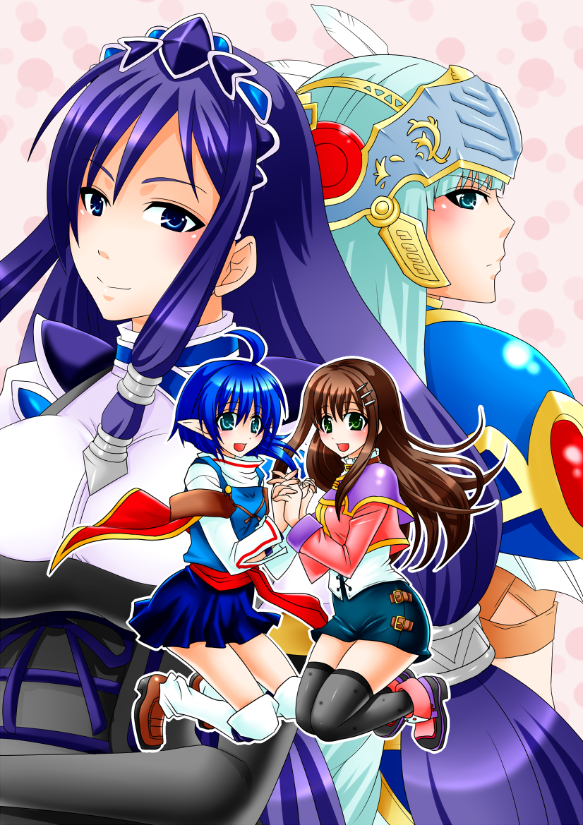 4girls, ahoge, ailyth, armor, armored_dress, blue_eyes, blue_hair, blush