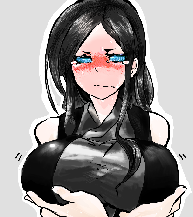 1girl, al_bhed_eyes, black_hair, blue_eyes, blush, breast_conscious, breast_hold, breasts, facing_viewer, full-face_blush, grey_background, hands, huge_breasts, kantai_collection, long_hair, outline, ru-class_battleship, shinkaisei-kan, sidelocks, simple_background, solo, sukueni, tearing_up, upper_body