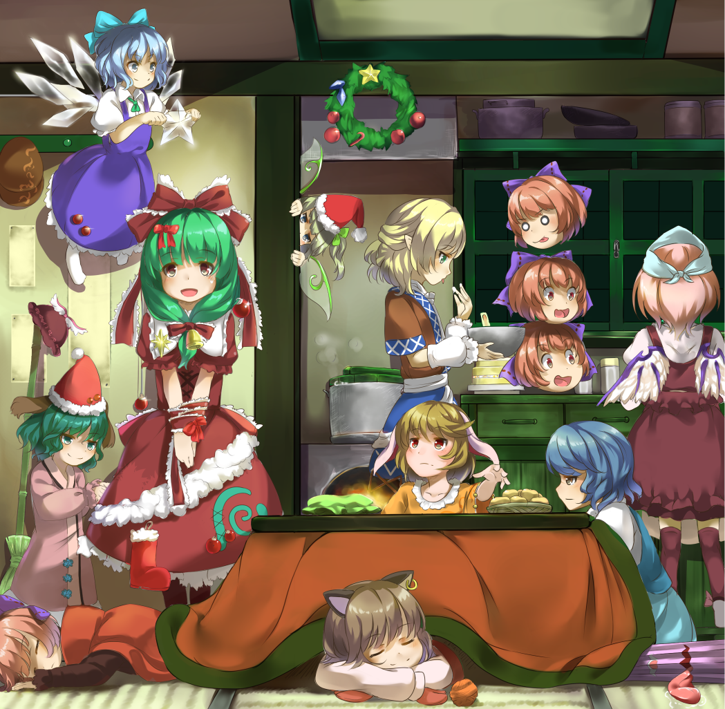 6+girls, :d, animal_ears, bell, blonde_hair, blue_hair, bow, brown_hair