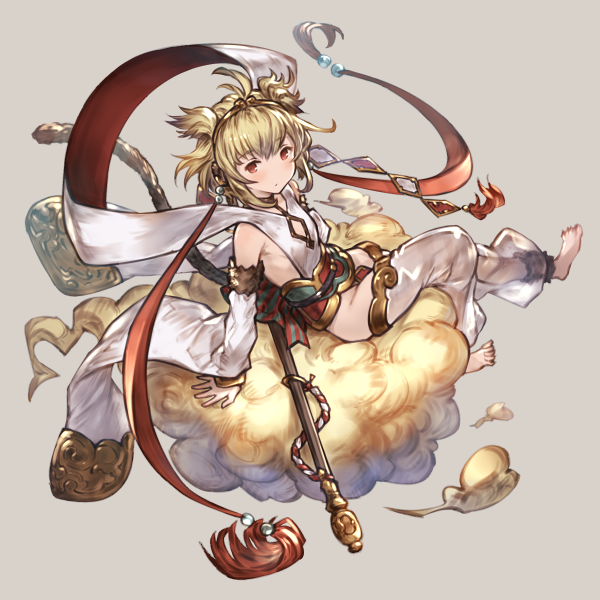anchira, bare_shoulders, barefoot, benitama, blonde_hair, clouds, detached_sleeves, granblue_fantasy, thigh-highs