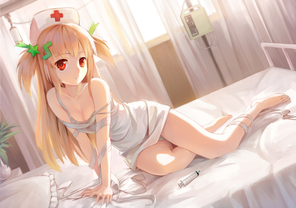 1girl, bandaged_leg, bandages, bare_legs, barefoot, bed, bra, breasts