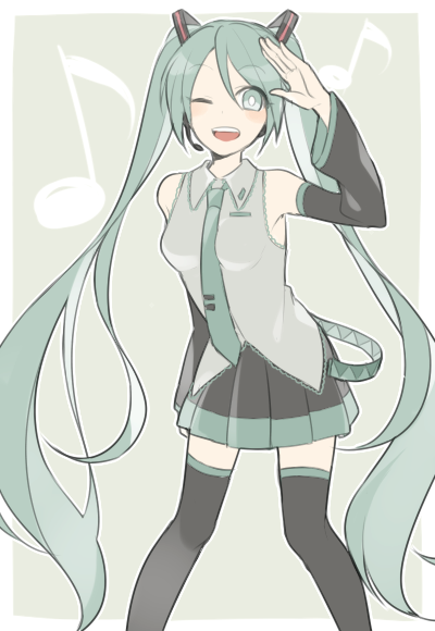 1girl, detached_sleeves, green_eyes, green_hair, hatsune_miku, long_hair, looking_at_viewer, musical_note