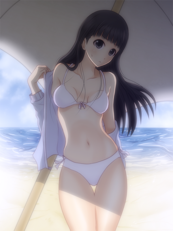 1girl, amagami, ayatsuji_tsukasa, beach, bikini, black_eyes, black_hair, breasts, front-tie_bikini, front-tie_top, jacket, long_hair, looking_at_viewer, navel, ocean, outdoors, shitou_(4h), solo, swimsuit, white_bikini, white_jacket, white_swimsuit