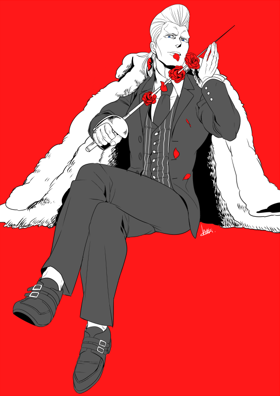 crossed_legs, earrings, flower, formal, haru_56, holding_sword, holding_weapon, jacket_on_shoulders, jean_pierre_polnareff, jewelry, jojo_no_kimyou_na_bouken, monochrome, mouth_hold, necktie, no_eyebrows, petals, rapier, rose, signature, spot_color, suit, sword, vest, weapon