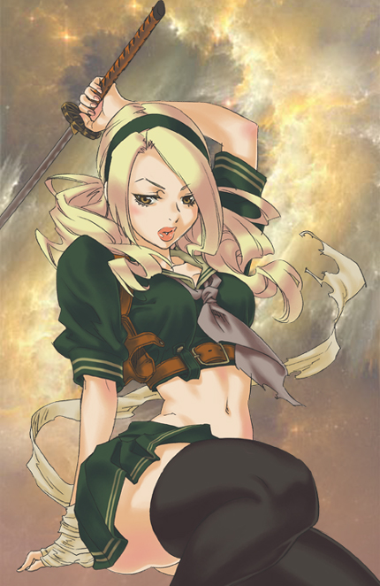1girl, baby_doll_(sucker_punch), black_legwear, blonde_hair, brown_eyes, crop_top, hairband, katana, lips, lipstick, long_hair, makeup, midriff, navel, school_uniform, sitting, skirt, solo, sucker_punch, sword, tateo_retsu, thigh-highs, twintails, weapon, zettai_ryouiki