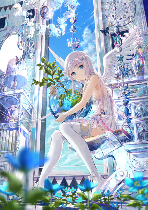 angel, angel_wings, bare_arms, bare_shoulders, blue_eyes, blue_sky, clouds, dress