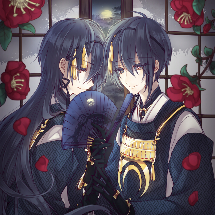 2boys, alternate_hair_length, alternate_hairstyle, amayu_(oxo0101), black_gloves, blue_eyes, blue_hair, camellia_(flower)