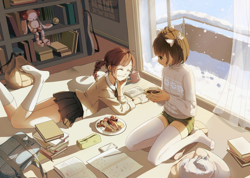 2girls, :d, ^_^, ahoge, backpack, backpack_removed, bag, balcony, baseball, black_skirt, book, bookshelf, braid, brown_eyes, brown_hair, cat, closed_eyes, comfy, comic, cup, curtains, earrings, food, friends, guitar, hair_ornament, hair_ribbon, hairclip, highres, homework, hot_chocolate, indoors, instrument, jewelry, kneehighs, long_sleeves, looking_at_another, lying, marmalade_(elfless_vanilla), math, muffin, multiple_girls, on_stomach, open_mouth, original, pencil, pencil_case, pillow, plate, pleated_skirt, poster_(object), ribbon, sandwich, school_bag, short_shorts, shorts, single_braid, sitting, skirt, sleeping, sliding_doors, smile, snow, snowflake_print, snowflakes, snowing, steam, sweater, teeth, thigh-highs, trigonometry, two_side_up, white_fur, white_legwear, white_ribbon, window, zettai_ryouiki
