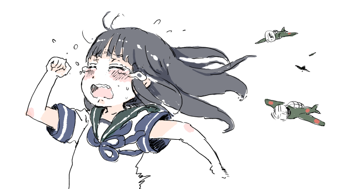airplane, bangs, commentary_request, crying, fleeing, gomennasai, hatsuyuki_(kantai_collection), hime_cut