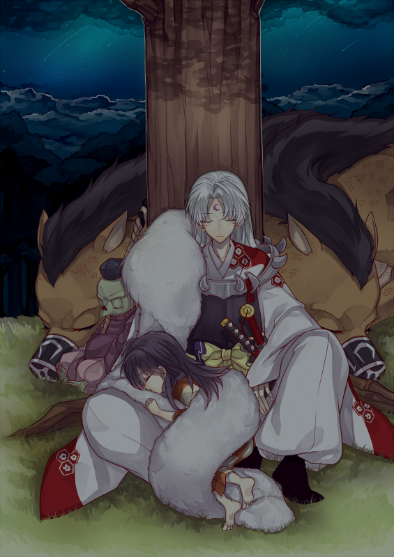 1boy, 1girl, a-un, amayu_(oxo0101), black_hair, closed_eyes, dragon, facial_mark, forehead_mark, inuyasha, jaken, japanese_clothes, katana, rin_(inuyasha), sesshoumaru, sky, sleeping, star_(sky), starry_sky, sword, tree, weapon, white_hair