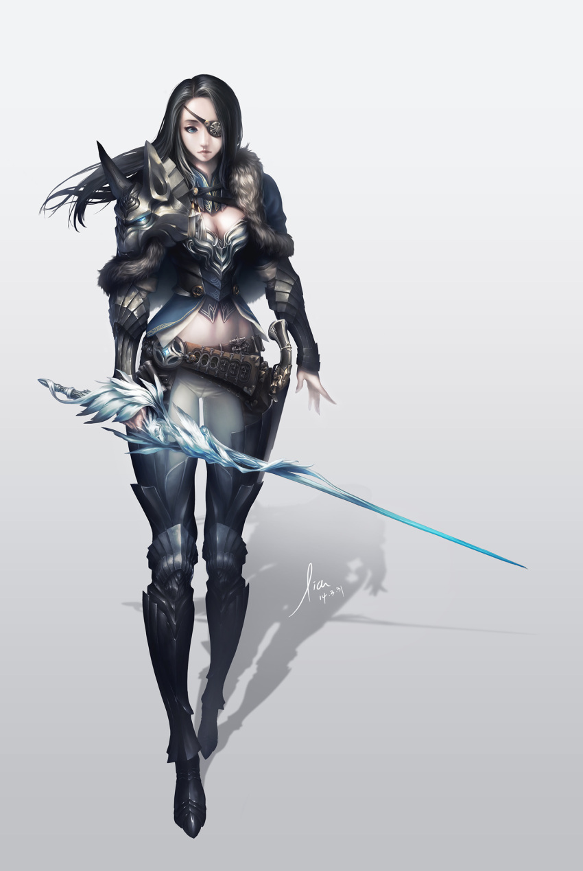 1girl, armor, armored_boots, artist_name, black_hair, breasts, cleavage, cleavage_cutout