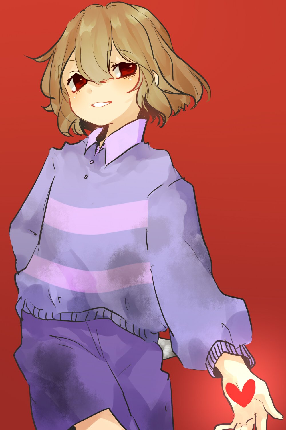 androgynous, behind_back, blush, brown_hair, collared_shirt, cowboy_shot, dark_persona, dirty_clothes