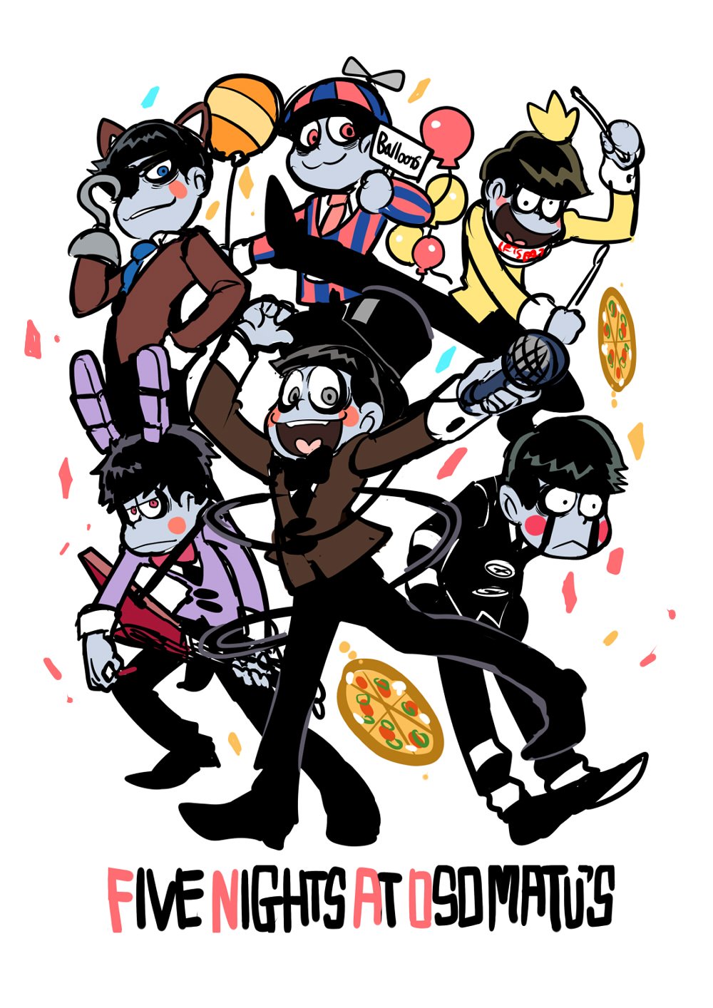 6+boys, animal_ears, balloon, balloon_boy_(fnaf)_(cosplay), bib, blue_eyes, blue_necktie, blush_stickers