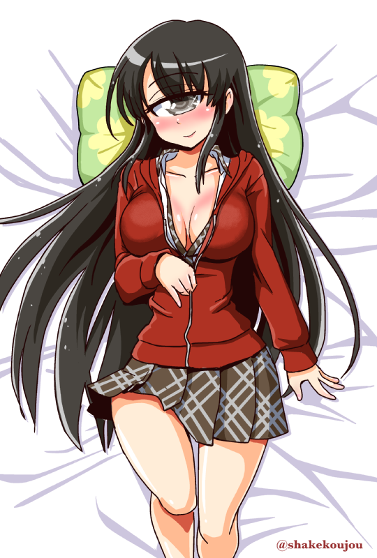 1girl, ai_(monster_musume), black_hair, blush, breasts, cleavage, cyclops, grey_eyes