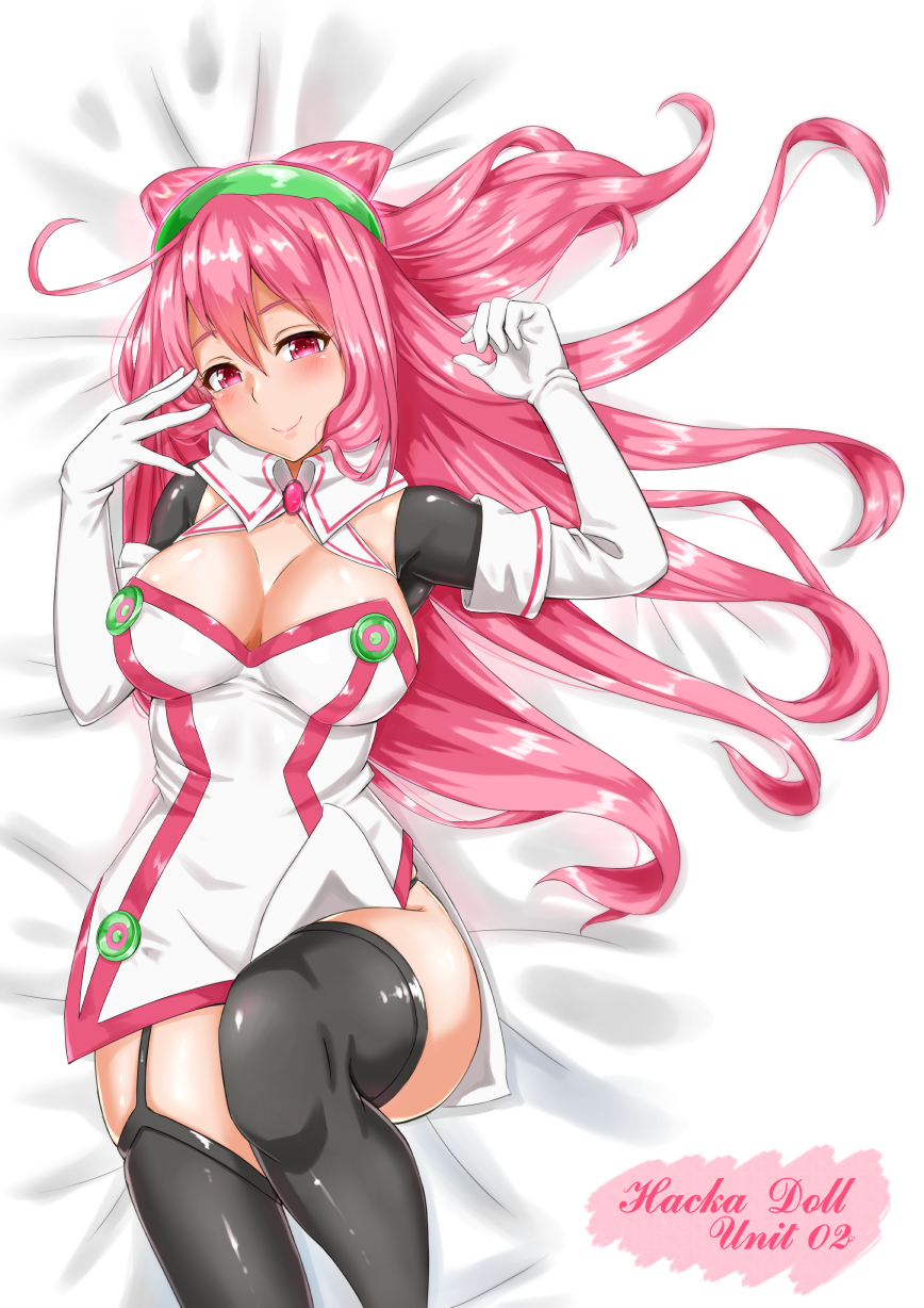 1girl, black_legwear, blush, breasts, character_name, cleavage, densuke_(iha-syuon), elbow_gloves
