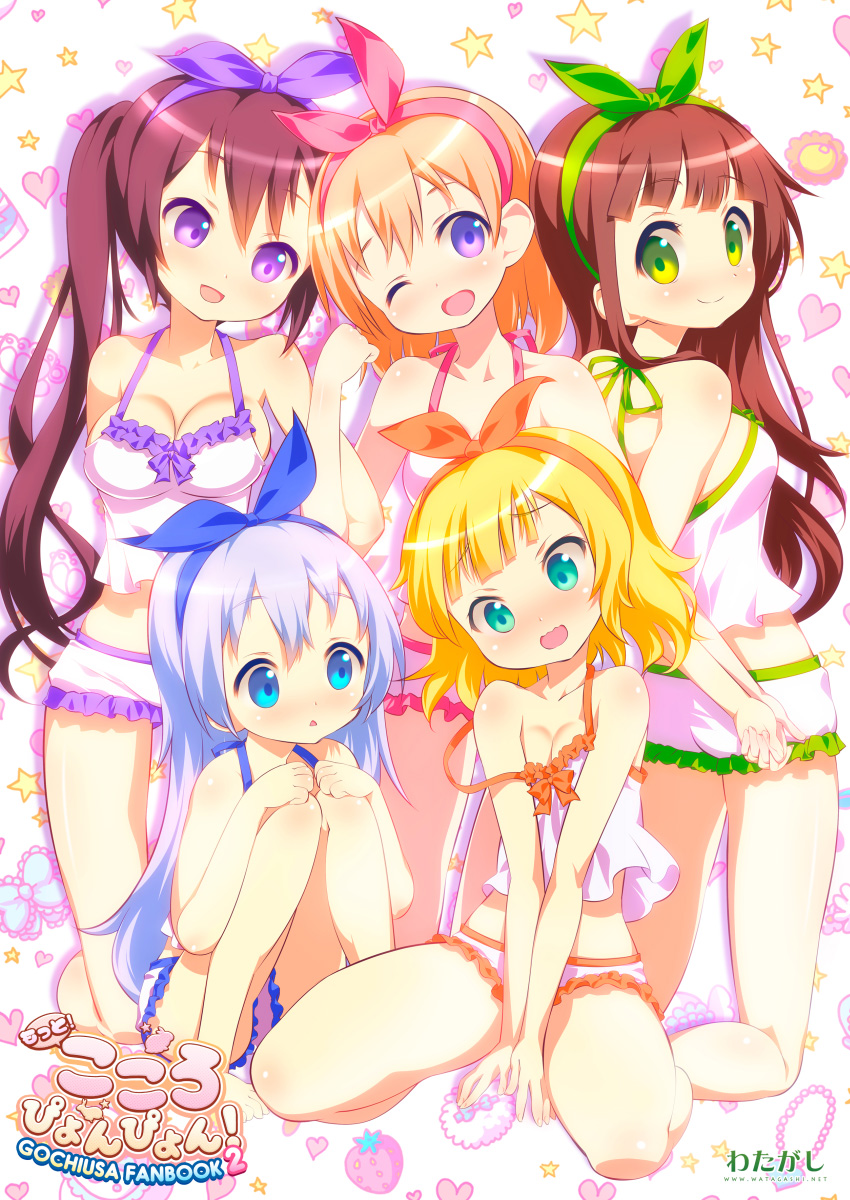 5girls, blush, breasts, cleavage, gochuumon_wa_usagi_desu_ka?, highres, hoto_cocoa, kafuu_chino