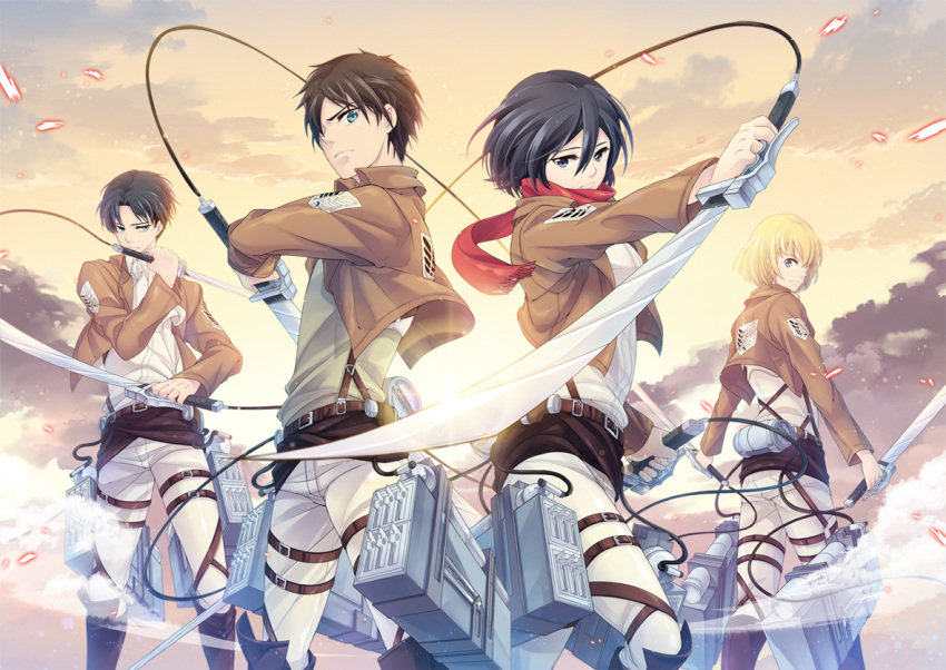 1girl, 3boys, armin_arlert, belt, black_eyes, black_hair, blonde_hair, blue_eyes, brown_hair, eren_yeager, jacket, levi_(shingeki_no_kyojin), mikasa_ackerman, multiple_boys, scarf, shingeki_no_kyojin, short_hair, sliverbin, sword, thigh_strap, three-dimensional_maneuver_gear, weapon