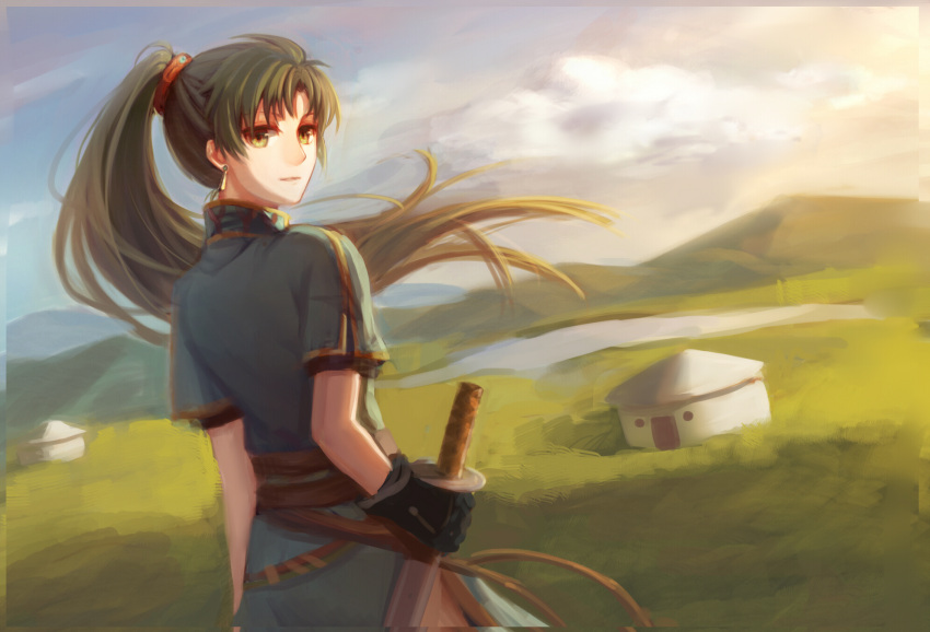 1girl, black_gloves, earrings, fire_emblem, fire_emblem:_rekka_no_ken, gloves, green_eyes, green_hair