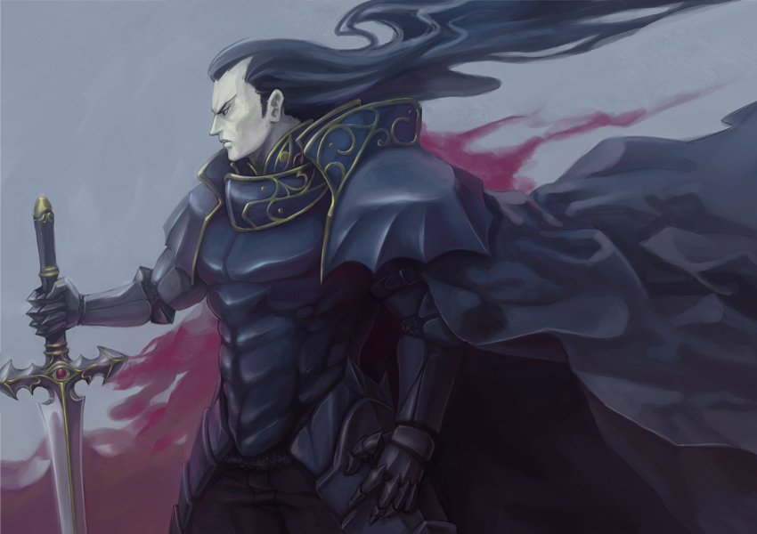 1boy, armor, ashram, black, black_hair, dark, from_side, idumo