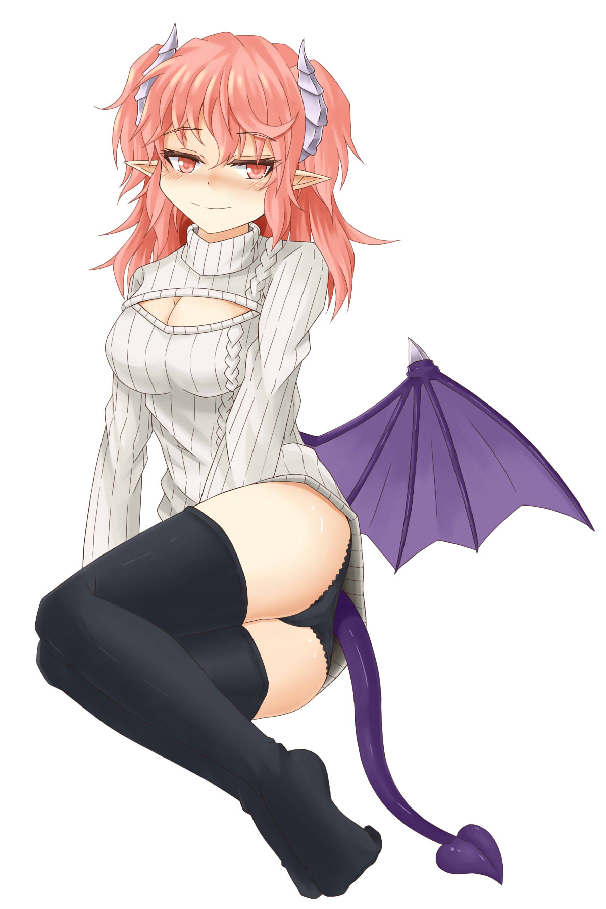 1girl, aran_sweater, bat_wings, black_legwear, black_panties, blush, breasts, cleavage