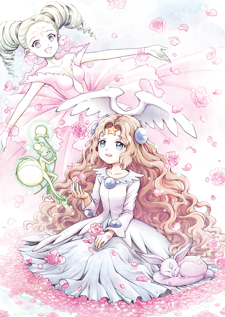 3girls, :d, brown_hair, cardcaptor_sakura, cherry_blossoms, creature, dash_(clow_card), dress, drill_hair, facial_mark, flower_(clow_card), forehead_mark, glow_(clow_card), green_hair, gz_(gzxd), hair_ornament, head_wings, hope_(sakura_card), long_hair, minigirl, multiple_girls, open_mouth, petals, pink_dress, smile, star, twin_drills, very_long_hair, wavy_hair, white_dress