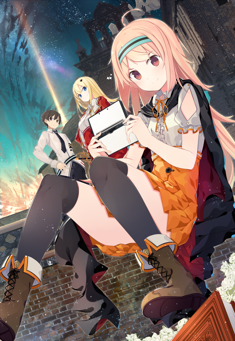 1boy, 2girls, ahoge, black_legwear, blonde_hair, blue_eyes, boots, brown_eyes