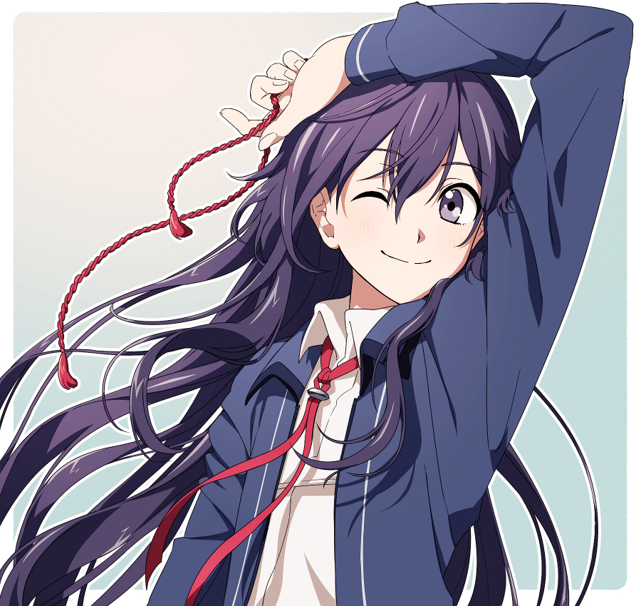 1boy, ;), androgynous, arm_up, black_hair, hair_down, long_hair, male_focus