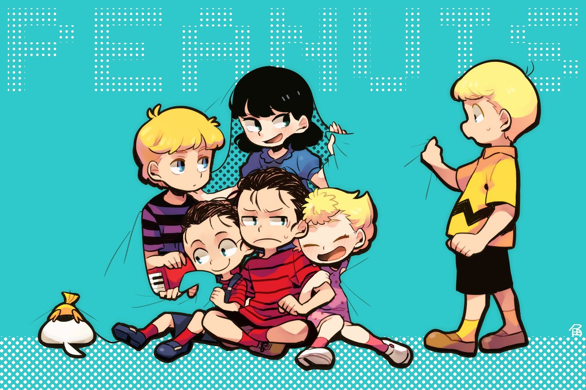 2girls, 4boys, aqua_background, black_hair, blonde_hair, charlie_brown, copyright_name, linus_van_pelt