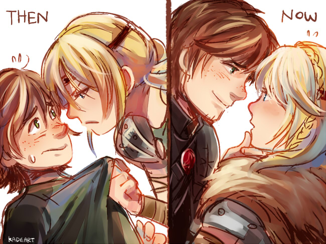 1boy, 1girl, astrid_hofferson, blonde_hair, blue_eyes, blush, braid, brown_hair