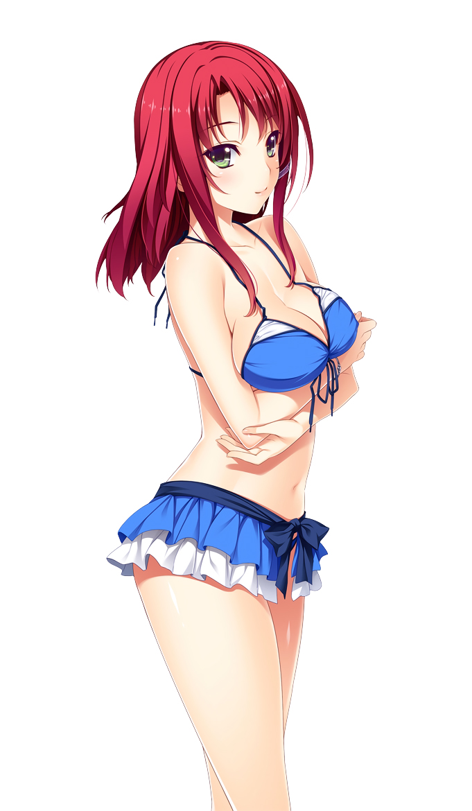 1girl, bikini, bikini_skirt, blue_bikini, breast_hold, breasts, cleavage, from_side