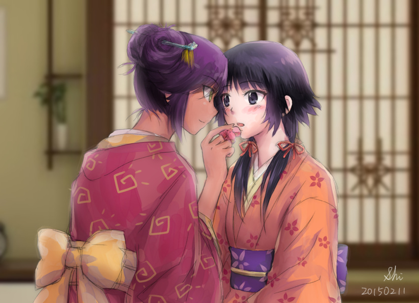 2girls, bleach, blush, dated, feeding, hair_ornament, hair_ribbon, hair_stick