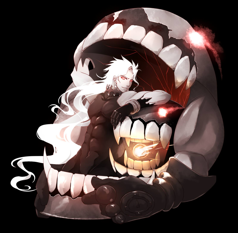 1boy, abs, dio_brando, floating_fortress_(kantai_collection), gauntlets, glowing, glowing_eyes, jojo_no_kimyou_na_bouken, kantai_collection, long_hair, muscle, red_eyes, shinkaisei-kan, very_long_hair, white_hair, white_skin, wrist_cuffs, yoshino_natsu